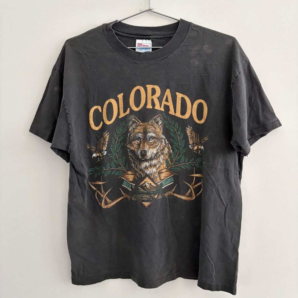 Vintage Hanes Beefy-T Colorado Wolf Graphic T-Shirt Faded Black Mens Large